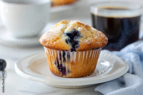 Blueberry muffin on a white plate with a cup of coffee in the background.