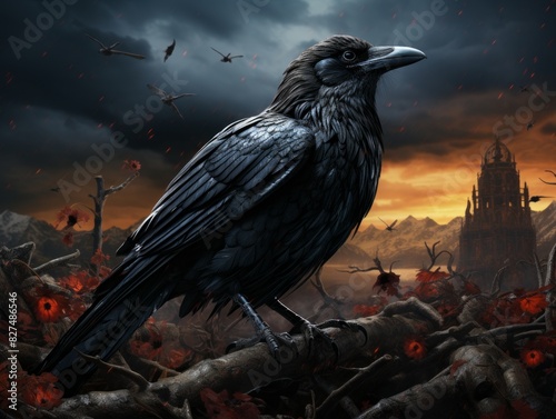Crow in the autumn forest. Halloween background.