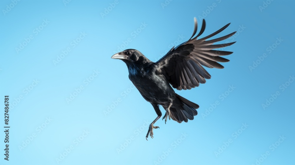 Fototapeta premium Black crow flying in the blue sky.