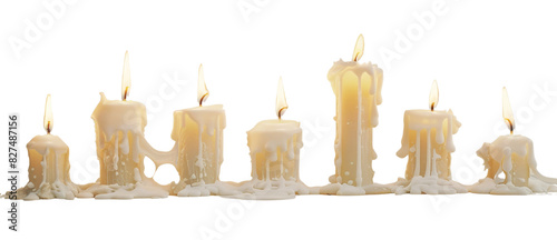 Collection of lit candles placed closely in a row on a transparent background photo