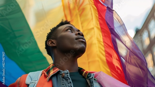 A young black man with short hair is standing in front of the rainbow flag, holding it high and looking up at its colors. The photo was taken from an angle using a Canon EOS R5 camera with a standard photo