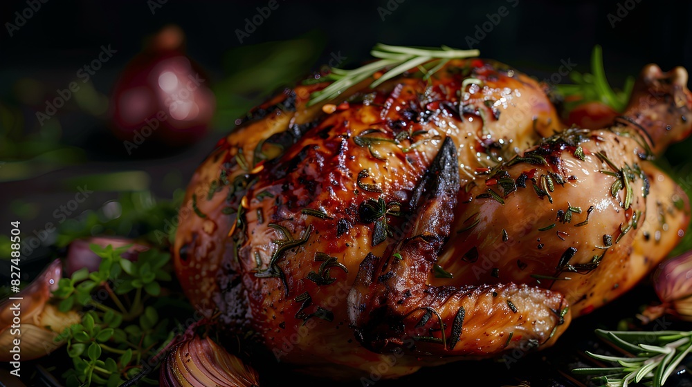 Delicious Roasted Chicken Garnished with Fresh Herbs and Spices Served on a Stylish Black Plate on Dark Background Delicious Roasted Chicken Garnished with Fresh Herbs and Spices Served on a Stylish Black Plate on Dark Background