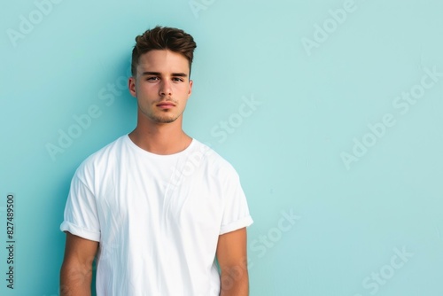 Stylish young man in a white tshirt poses with a cool gaze against a vibrant turquoise background