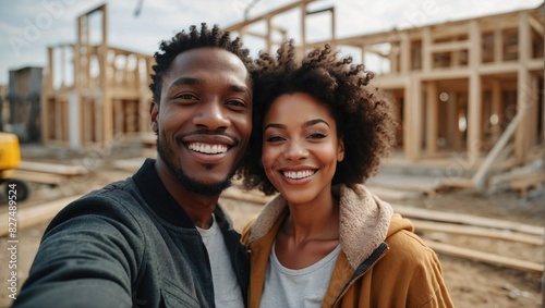 Smiling couple standing at a construction site of their new home. Both have dark hair and are dressed in casual attire, showcasing the progress of their future house.