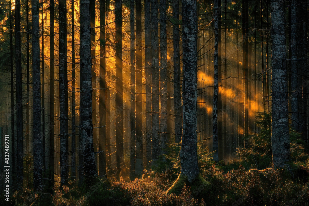 Naklejka premium Mystical Forest at Dawn with Volcanic Ash Tones and Sunlight Rays