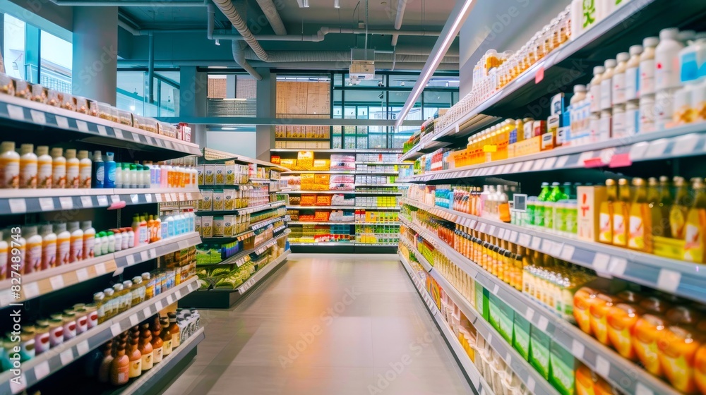 A grocery store interior filled with neatly organized rows of various bottles of juice