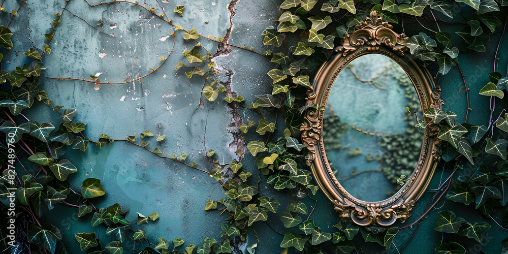 Obraz premium Modern Blue Wall with Glass Framed Leafy Wallpaper