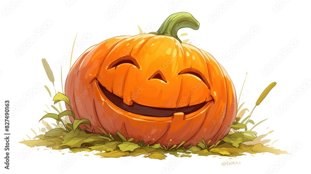 A quirky and adorable cartoon pumpkin character full of charm and humor grins brightly in this Halloween themed illustration set against a crisp white background A quirky and adorable cartoon pumpkin character full of charm and humor grins brightly in this Halloween themed illustration set against a crisp white background