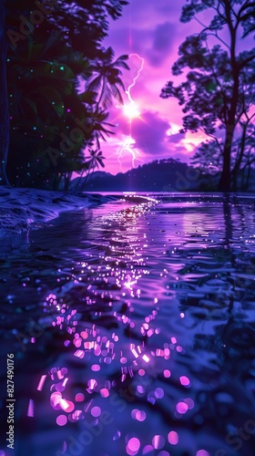 Enchanting twilight landscape with rippling water reflecting a vibrant purple sky, surrounded by silhouettes of tropical trees.