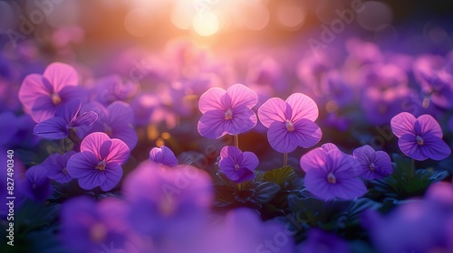 Gentle morning light on a bed of violets, soft focus for a dreamy feel, copy space in the lower right corner photo