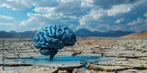A large blue human brain in the desert. Climate change threatens brain health. A surrealist sculpture, figurativism. 3D eco illustration. High quality photo photo