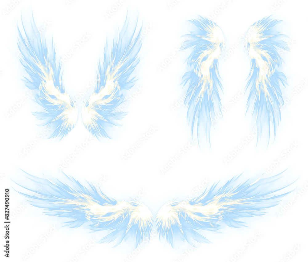 Obraz premium set of bright glowing blue angel wings. In various styles. Wings upwards, downwards and sideways. Isolated transparent background PNG.