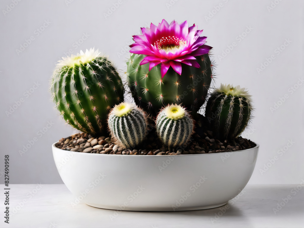 A pot of Echinopsis, white background, Copy text space, ultra detailed, perfect lighting..