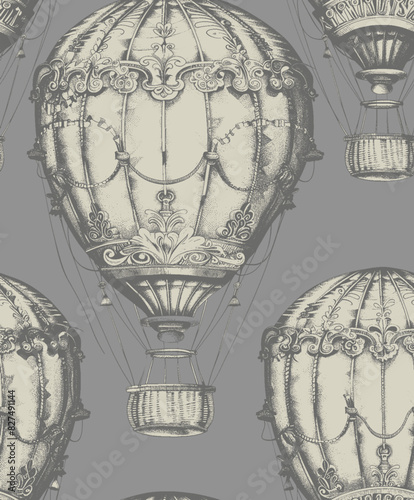 A vintage black and white seamless pattern of hot air balloons with baskets. Intricate details and classic designs evoke old-world charm. Ideal for wallpaper, textiles, and interior decoration.