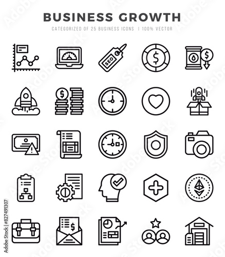 Set of 25 Business Growth Lineal Icons Pack.