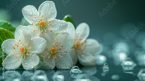 Close-up of white jasmine flowers under soft lighting  pure and elegant with bottom copy space for refined themes