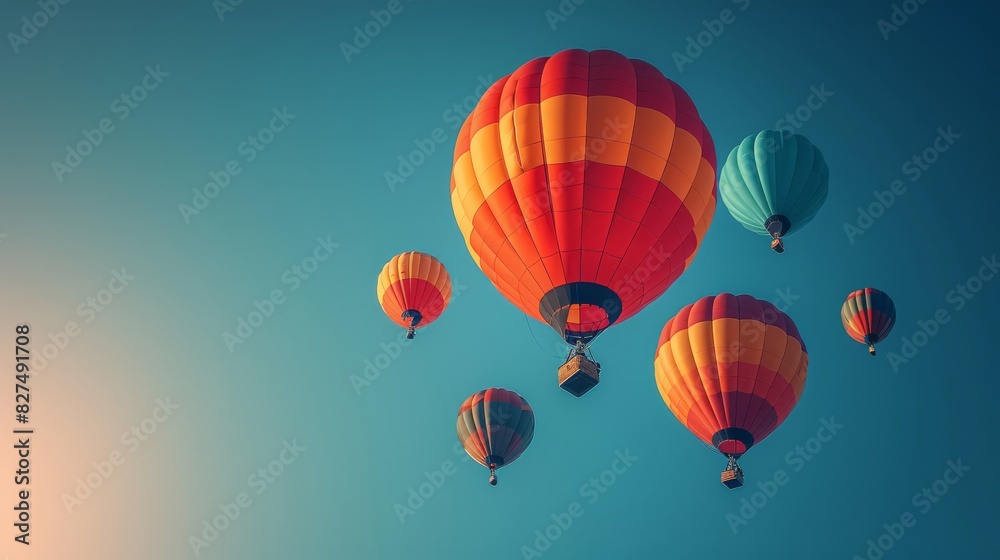 Obraz premium Clear blue sky with vibrant hot air balloons, perfect for adventure travel promotions