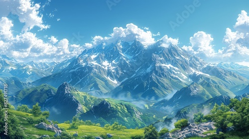 Clear mountain view on a bright summer day with sky above for adventure-themed