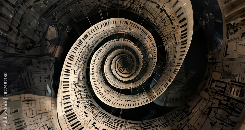 Fototapeta premium Musical notes and staves arranged in a spiral pattern, creating a sense of motion and depth