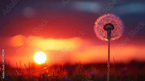 Solitary dandelion against a sunset sky  silhouette with a large space on the left for inspirational quotes