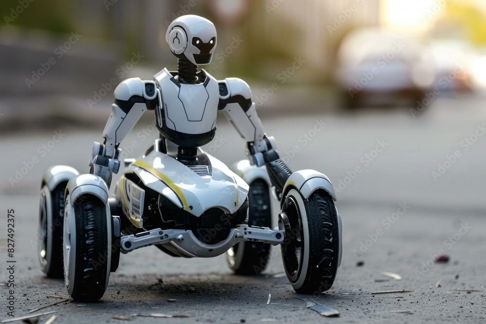 Sleek, humanoid robot on wheels poised on a city street at dusk, highlighting modern technology