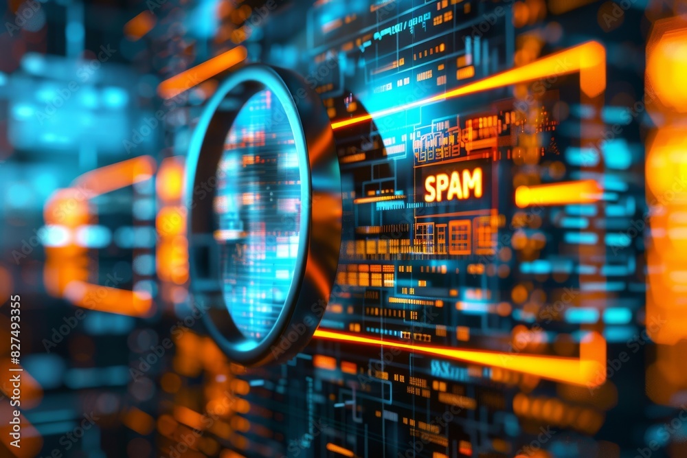 Digital code with a magnifying glass highlighting spam, symbolizing the detection of unwanted content and email protection Digital code with a magnifying glass highlighting spam, symbolizing the detection of unwanted content and email protection