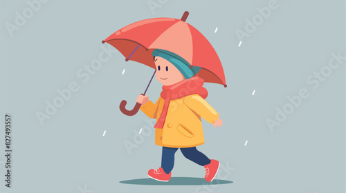 Cute Cartoon Kid with Umbrella walking. Vector illustration