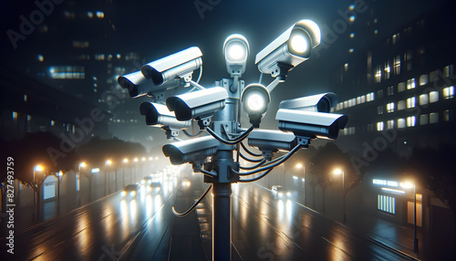 a cluster of surveillance cameras mounted on a pole at night. The illuminated cameras cast a soft glow, creating a dark and mysterious urban atmosphere. photo