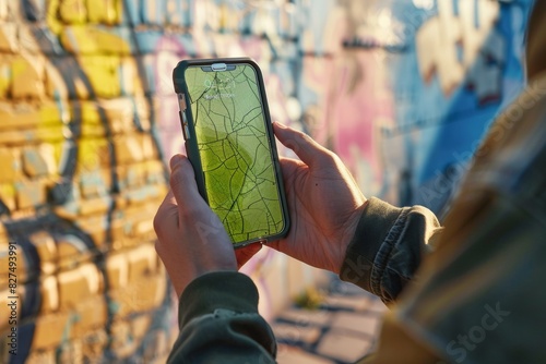 Man Holding Smartphone with Cracked Screen Against Urban Graffiti Wall