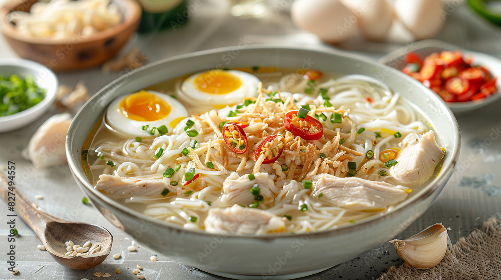 Indonesian soto ayam soup with chicken, rice noodles, and boiled eggs in a bowl. Indonesian soto ayam soup with chicken, rice noodles, and boiled eggs in a bowl.