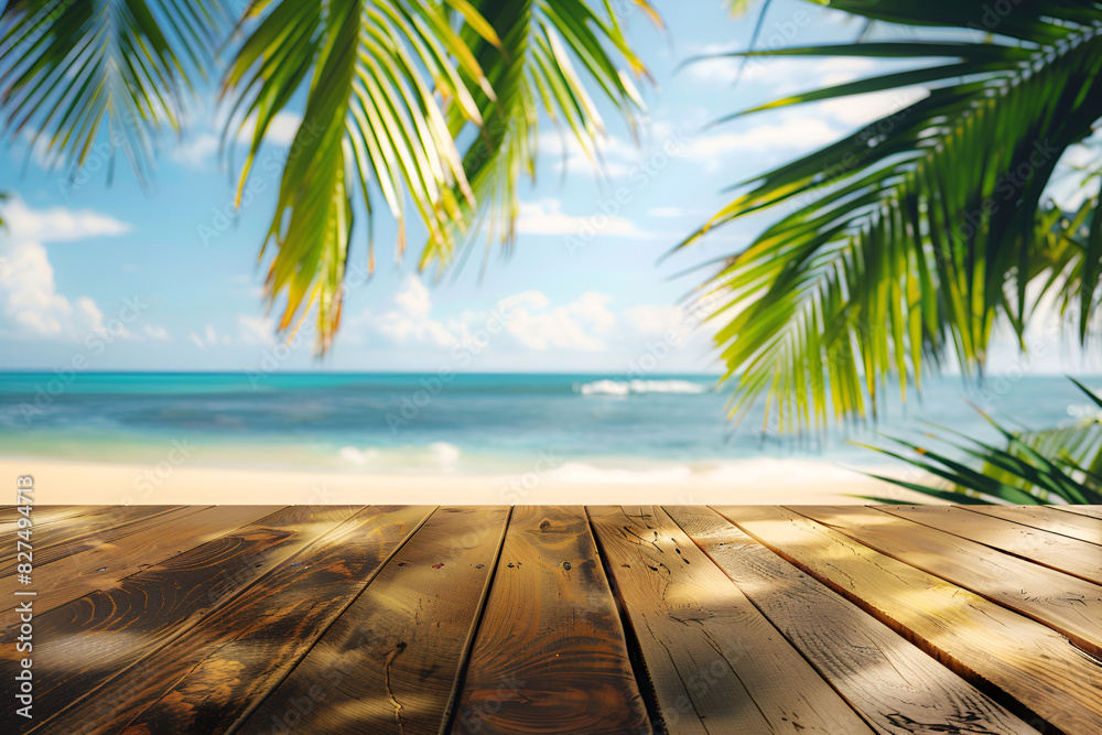 A wooden table surface set against the backdrop of a sea beach for product presentation