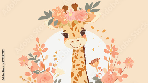 Cute Giraffe with flowers on the head. Print for fabr