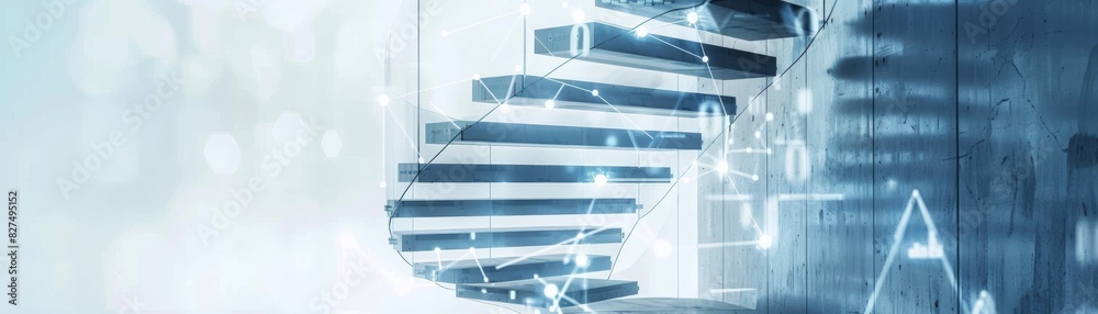 Obraz premium Futuristic metal staircase with ascending steps, gold coins on each step, isolated on white background, copy space