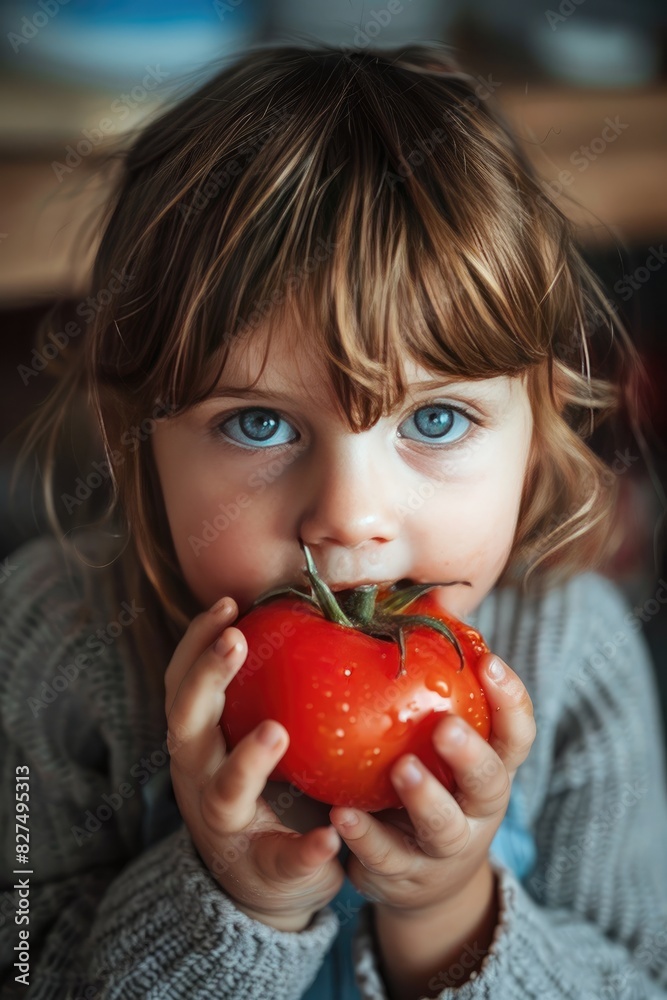 a child eats a tomato close-up. Selective focus a child eats a tomato close-up. Selective focus