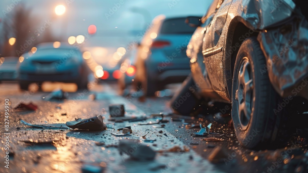 road accident on a city street, a broken car after a road accident on the side of the road. car accident insurance road accident on a city street, a broken car after a road accident on the side of the road. car accident insurance