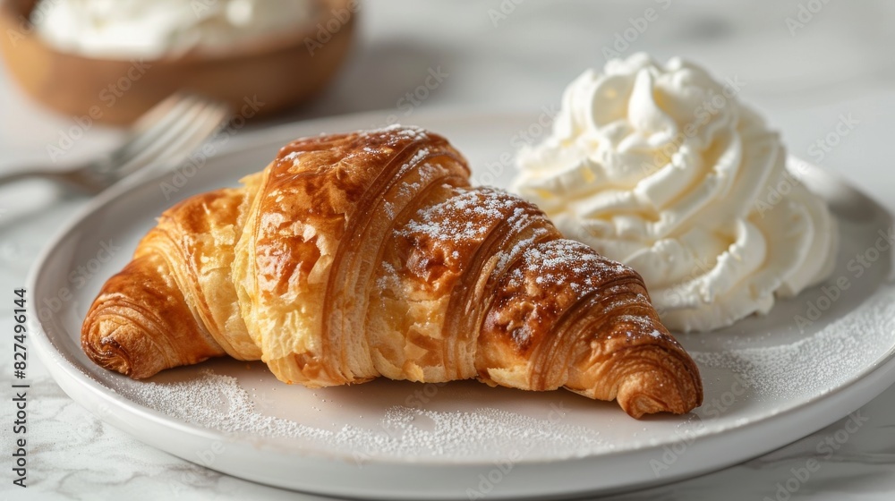 Croissant with cream on a white plate Croissant with cream on a white plate