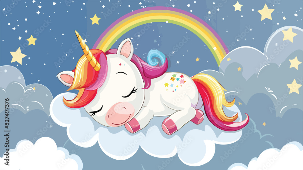Cute unicorn sleeping on a cloud with the starry sky