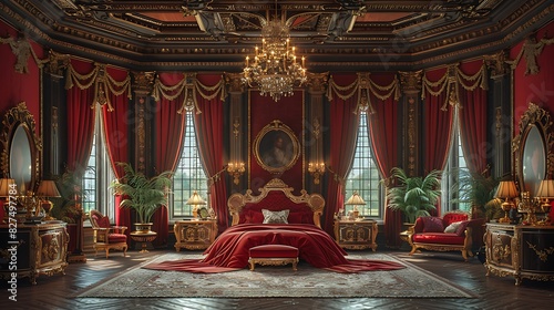 A hyper-realistic Baroque opulence bedroom, gold-accented furniture, richly detailed wood carvings, luxurious silk bedding in deep red, ornate chandelier, heavy drapes with tassels, large windows 