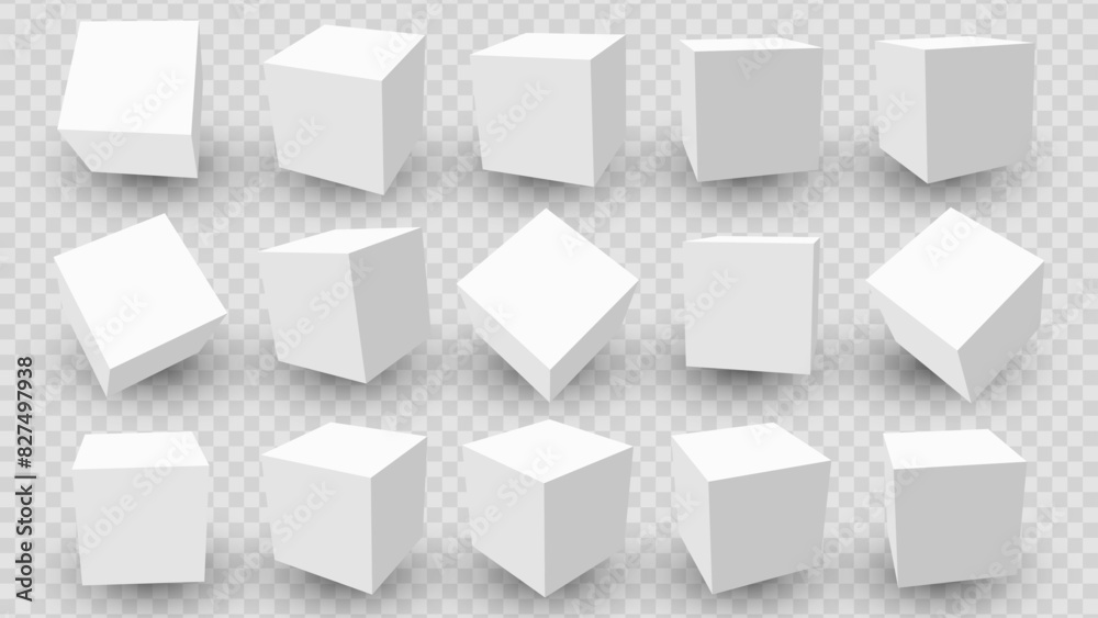 3D White Cube Blocks on Transparent Background. 3D Perspective White Boxes. Vector Illustration for Your Design.