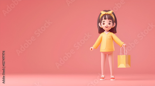 3d cartoon woman character holding a paper shop  generative Ai
