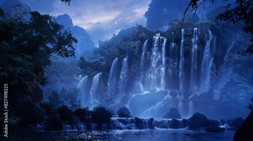 Enchanted Moonlit Waterfall Oasis in Mystical Forest Landscape