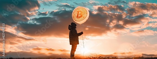 man balloon bitcoin. Selective focus photo