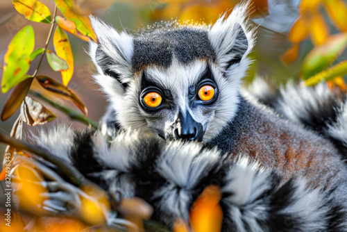 a close-up of a ring-tailed lemur with striking orange eyes. The lemur is surrounded by autumn leaves in shades of yellow and orange, adding a vibrant backdrop. 