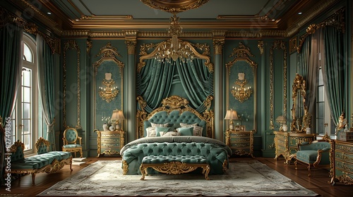 A hyper-realistic Baroque opulence bedroom, gold-accented wooden furniture, luxurious velvet bedding in emerald green, detailed ceiling moldings, crystal chandelier, heavy drapes. photo