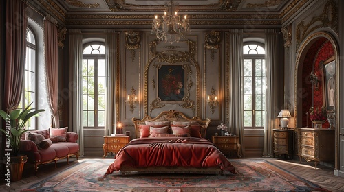 A hyper-realistic Baroque opulence bedroom, intricately carved bed frame with gold accents, rich silk bedding in deep red, ornate chandelier, heavy velvet drapes with tassels. photo