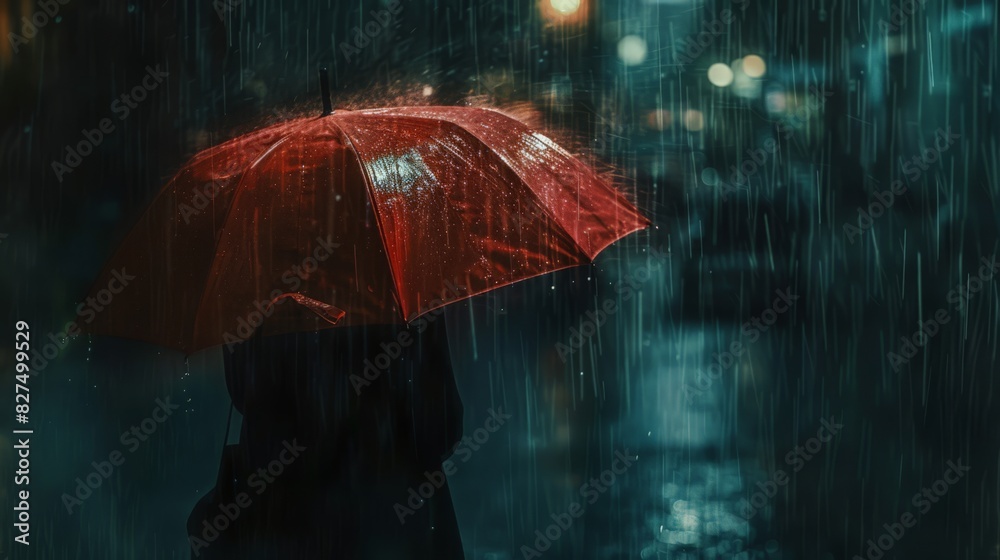 Amidst the falling rain, the woman's umbrella serves as her sanctuary, its canopy providing a sense of shelter and security as she ventures forth with resilience and determination.