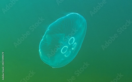Common jellyfish, moon jellyfish (Aurelia aurita) swims over algae in the Black Sea photo