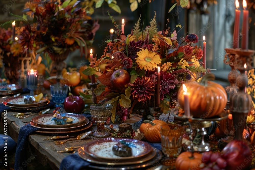 Festive table setting with autumn decorations and candles creating a warm atmosphere Festive table setting with autumn decorations and candles creating a warm atmosphere