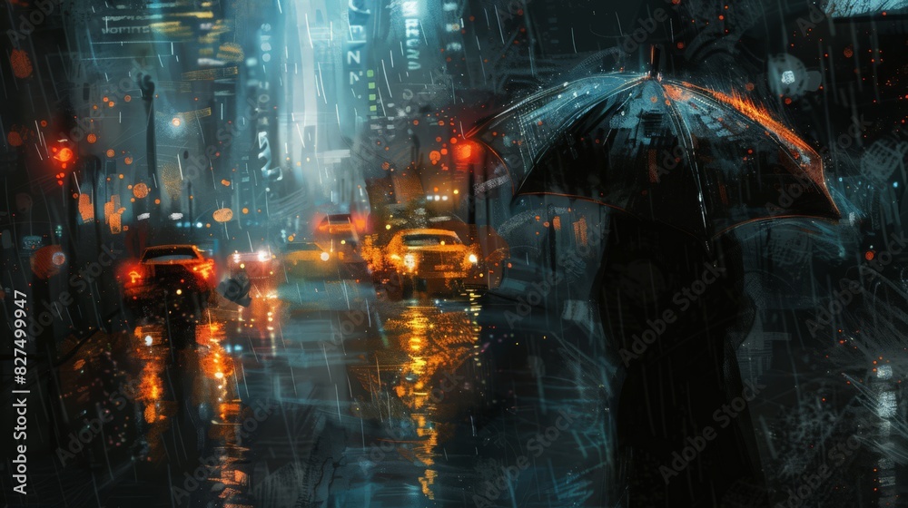 Amidst the rainfall, the woman's umbrella serves as her refuge, its canopy providing a sense of security and comfort as she navigates the wet streets with ease. Amidst the rainfall, the woman's umbrella serves as her refuge, its canopy providing a sense of security and comfort as she navigates the wet streets with ease.