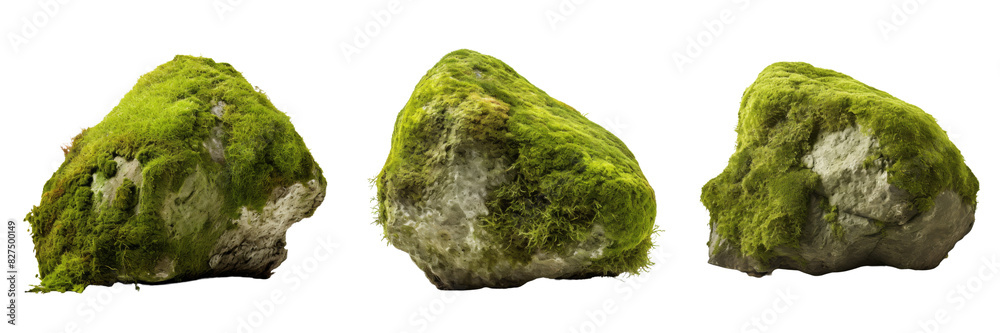 Collection of moss-covered rocks in natural settings isolated on white background Collection of moss-covered rocks in natural settings isolated on white background